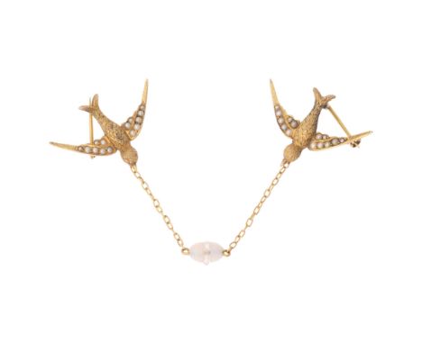 A pair of Antique Victorian 15ct gold split pearl and opal swallow bird brooches, circa 1890, each realistically modelled as 
