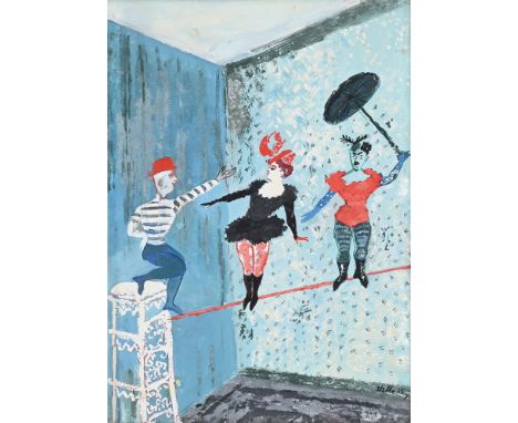 λ&nbspSTELLA STEYN (IRISH 1907-1987) THREE TIGHTROPE PERFORMERS Oil on card  Signed (lower right) 34 x 23.5cm (13¼ x 9¼ in.)P