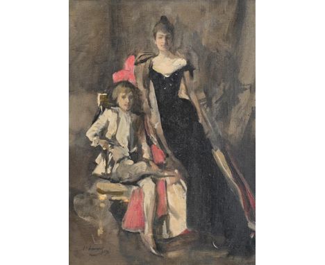 SIR JOHN LAVERY (IRISH 1856-1941) PORTRAIT OF MINNIE PLOWDEN AND HER SON HUMPHREY, STUDY FOR A FULL LENGTH PORTRAIT Oil on ca