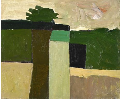 λ&nbspKEITH VAUGHAN (BRITISH 1912-1977) SMALL GREEN LANDSCAPE  Oil on paper laid to board  Signed, titled and dated 1972 (ver