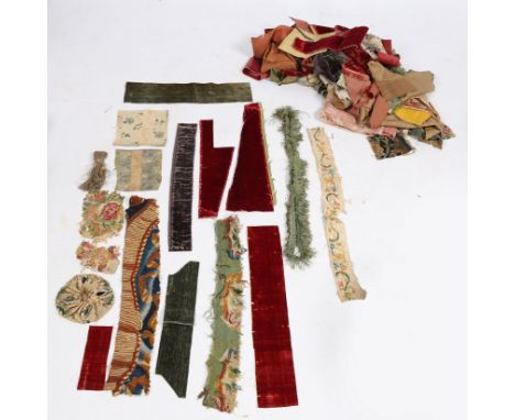 To included an embroidered gaming purse, silk-velvet and tapestry off-cuts, various sizes (qty).