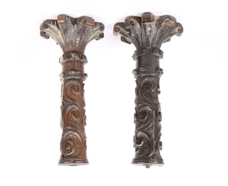 Reduced in length and converted to a candlestick/lamp base, each with a splayed scroll capital, dot-punched collar, and taper
