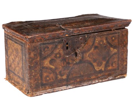 Having a ‘caddy’ top covered in tooled and painted leather, with similar geometric designs to the leather covering the front 
