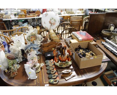 A collection of various wooden items; a model ship; brass oil lamp style table lamp etc.