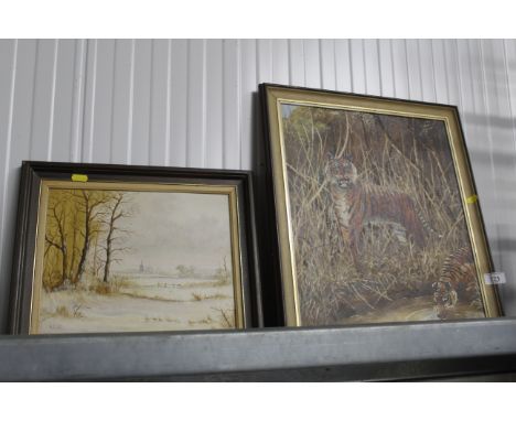 Oil on canvas study of tigers and K Curtis, oil on board snowbound rural scene