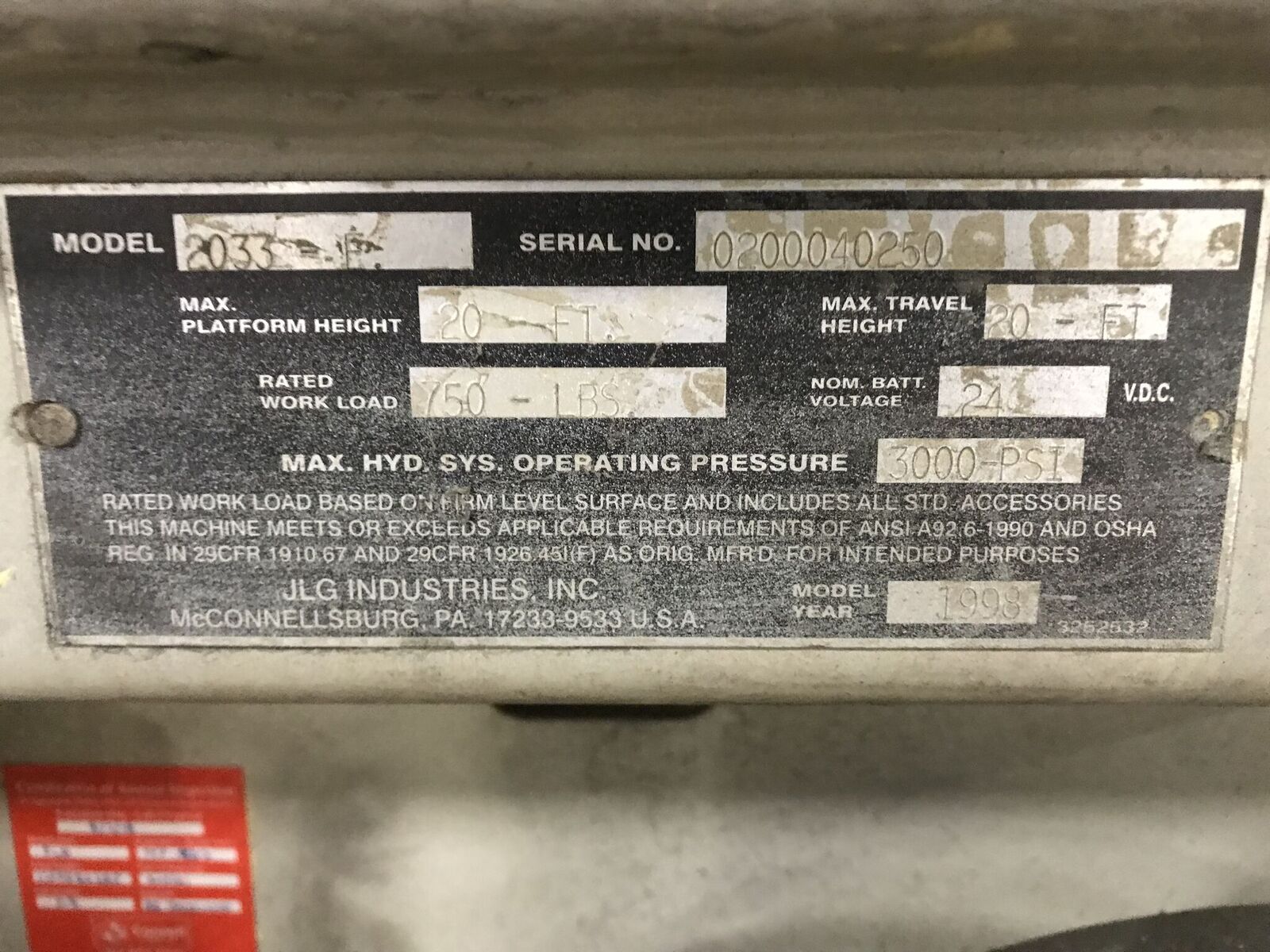 JLG Scissor Lift, Model 2033F, Serial 0200040250, Max Height 20ft