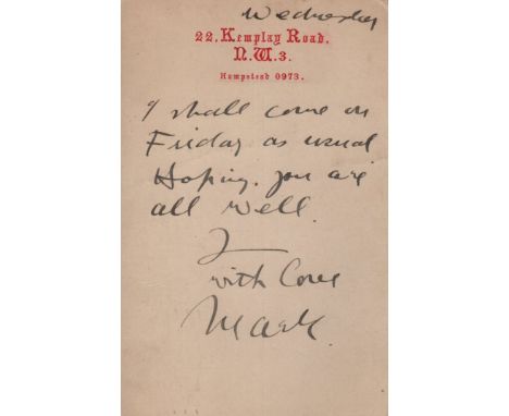 GERTLER MARK: (1891-1939) British Painter. A scarce, brief A.L.S., Mark, to one side of a postcard, Kemplay Road, London, n.d