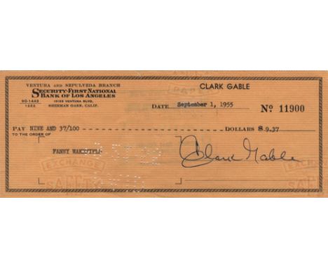 GABLE CLARK: (1901-1960) American Actor, Academy Award winner. D.S., Clark Gable, being a signed cheque, n.p. (California?), 