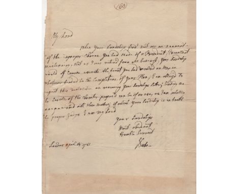  BUTE EARL OF: (1713-1792) British Prime Minister 1762-63. A rare A.L.S., Bute, one page, 4to, London, 14th April 1781, to th