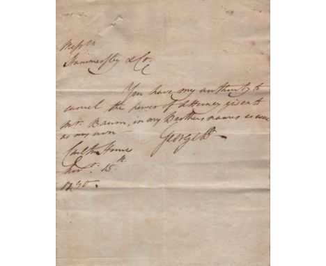  GEORGE IV: (1762-1830) King of the United Kingdom 1820-30. A.L.S., George P, as Prince of Wales, one page, 4to, Carlton Hous