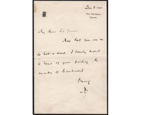BRITISH PRIME MINISTERS: Earl of Rosebery(1847-1929) British Prime Minister 1894-95. A.L.S., with his initial R, one page, 8v