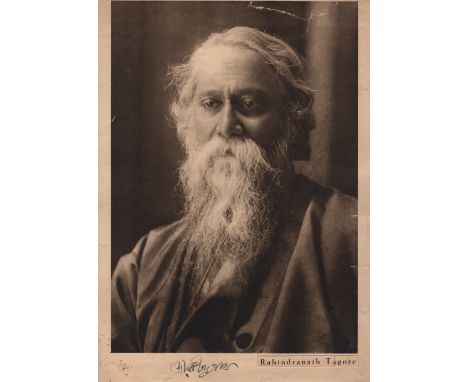 TAGORE RABINDRANATH: (1861-1941) Indian Poet, Nobel Prize winner for Literature, 1913. Vintage signed sepia 8 x 11.5 heavysto