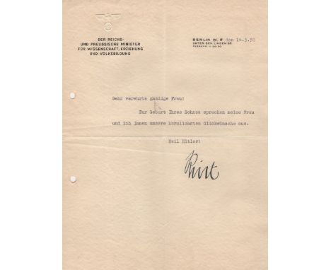  RUST BERNHARD: (1883-1945) German Reich Minister of Science, Education and National Culture 1934-45. T.L.S., Rust, one page,
