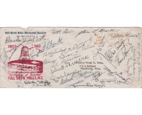  AVIATION: A rare multiple signed commemorative cover issued by the Kill Devil Hills Memorial Society and featuring a red pri