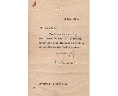 CHURCHILL WINSTON S.: (1874-1965) British Prime Minister 1940-45, 1951-55. Nobel Prize winner for Literature, 1953. T.L.S., W