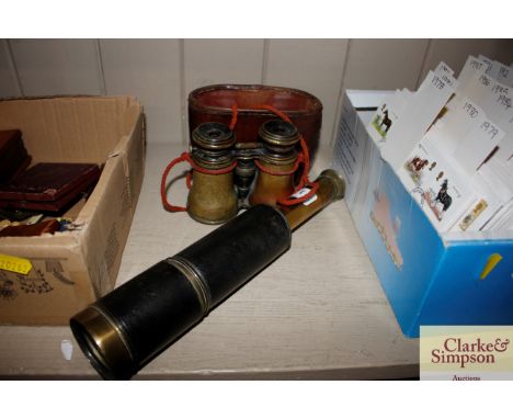 A brass and leather mounted telescope; and a pair of vintage binoculars  in leather case