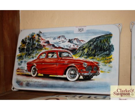 An enamel replica sign depicting a Volvo Amazon
