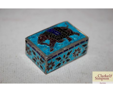 A 925 and enamel pill box, the hinged lid decorated with an elephant 