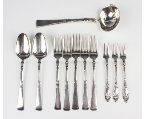 A small collection of Norwegian .830 silver by Thorvald Marthinsen Sølvvarefabrik, comprising Art Deco style ladle, five past