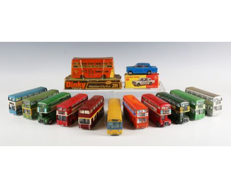 A small collection of Dinky Toys vehicles, including No. 136 Vauxhall Viva, No. 291 Atlantean bus, both boxed, and further ki