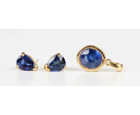 A pair of 18ct gold and Ceylon sapphire single stone earstuds, each claw set with a pear shaped sapphire, weight 2g, total sa