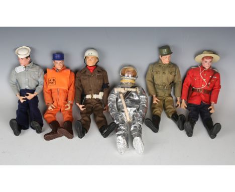 Ten early-type Palitoy Action Man figures, comprising military policeman, sailor, two astronauts, two pilots, Canadian Mounti