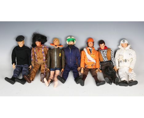 Seven Palitoy Action Man figures, comprising first-type ski patrol, cowboy, helicopter pilot, scuba diver, mountaineer (head 