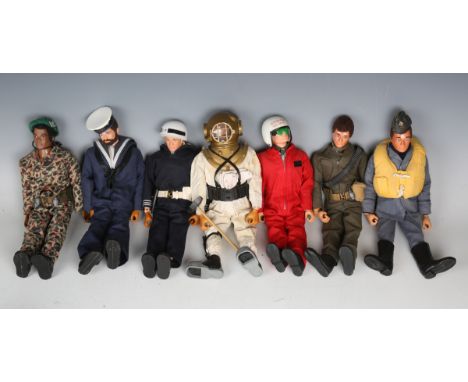 Six Palitoy Action Man figures, all flock-haired, comprising deep-sea diver, sailor, shore patrolman, Red Devil, saboteur and