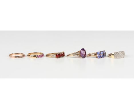 A 9ct gold and diamond half hoop eternity ring, ring size approx N1/2, a 9ct gold ring claw set with an oval cut amethyst bet