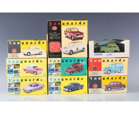 A small collection of modern diecast vehicles, comprising eight Lledo Vanguards, including Vauxhall PA Cresta, Rover P4 and F