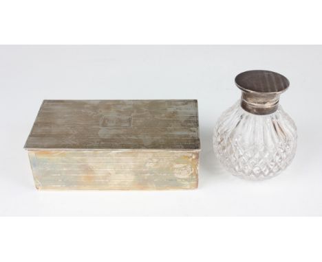 A George V silver cigarette box with engine turned banding, London 1929 by Alexander Clark &amp; Co Ltd, length 17.7cm, toget