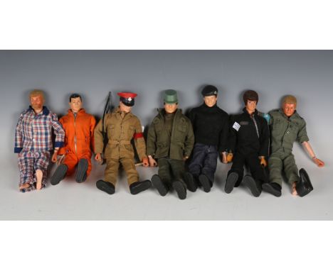 Seven Palitoy Action Man figures, comprising soldier, military policeman, UN Peace Force (lacking cap), French resistance, be