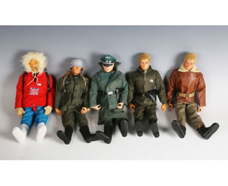 Five Palitoy Action Man figures, all flock-haired, comprising tank commander, German officer, German tank commander, storm tr