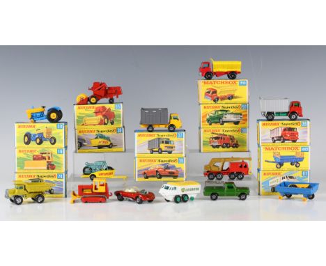 Seventy-one Matchbox Superfast 1-75 vehicles, including No. 8 Mustang, No. 30 eight wheel crane, No. 13 Dodge wreck truck, No