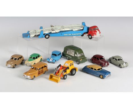 A small collection of Dinky Toys vehicles, comprising Morris Oxford, green and cream, Triumph, Vanguard, Muir Hill loader, Ri