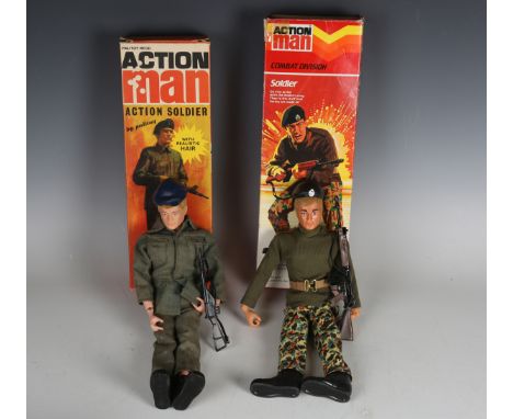 A Palitoy Action Man Action Soldier flock-haired figure wearing green military uniform, blue beret and boots, with Sten gun, 