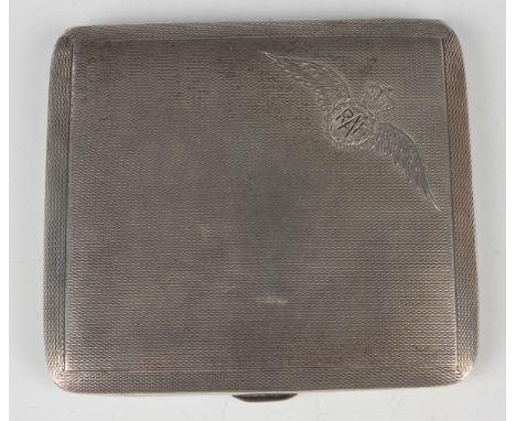 A George VI silver rectangular engine turned cigarette case, the front engraved with the 'RAF' wings, Birmingham 1939 by Jame