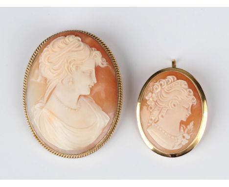 A 9ct gold mounted oval shell cameo brooch, carved as a portrait of a lady within a ropetwist surround, weight 14.4g, width 3