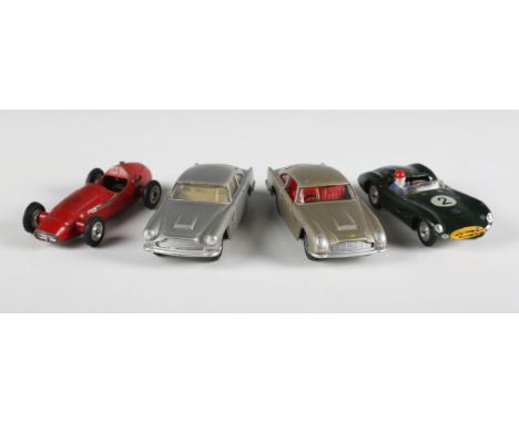 Four 1960s Solido cars, comprising Aston Martin DB4, silver with spun wheels and yellow interior, Aston Martin DB5, champagne