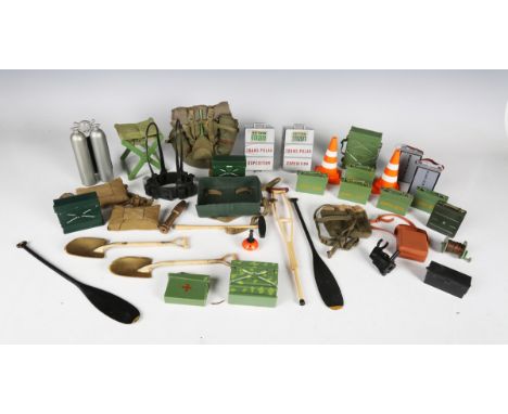 A good collection of Palitoy Action Man accessories, including two husky dogs, clothing, uniforms, boots, rifles, pistols, fi