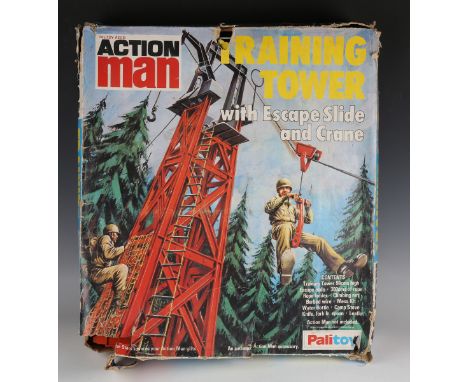 A Palitoy Action Man training tower with escape slide and crane, boxed (unchecked, box creased, torn and scuffed).Buyer’s Pre