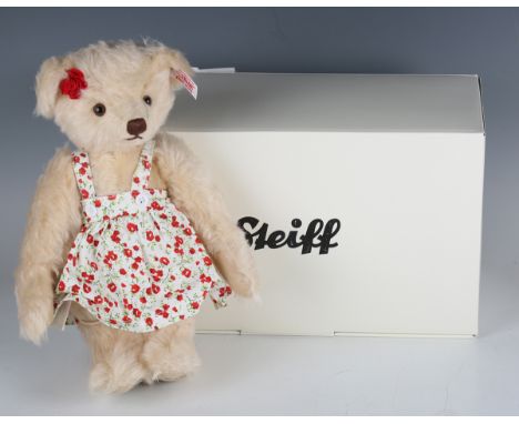 A modern Steiff mohair Danbury Mint RHS Chelsea Flower Show centenary teddy bear with gilt button and white tab in left ear, 