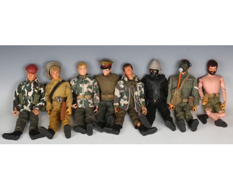 Eight Palitoy Action Man figures, comprising jungle fighter, Tommy, SAS commando, talking commander, soldier, two Parachute R