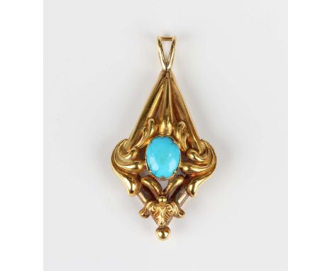 A Victorian gold and turquoise drop shaped pendant, the oval turquoise within a scroll pierced surround, unmarked, weight 3.4