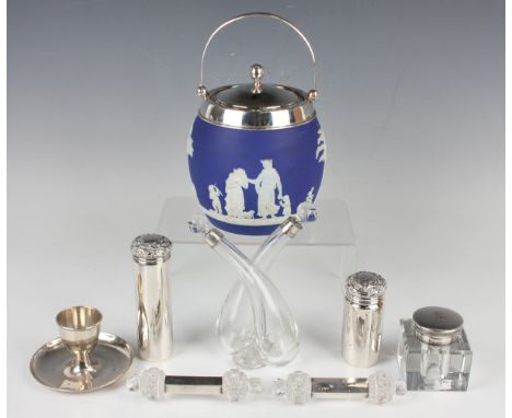 A George V silver mounted Wedgwood blue jasperware biscuit barrel and cover with swing handle, Chester 1924 by Barker Brother