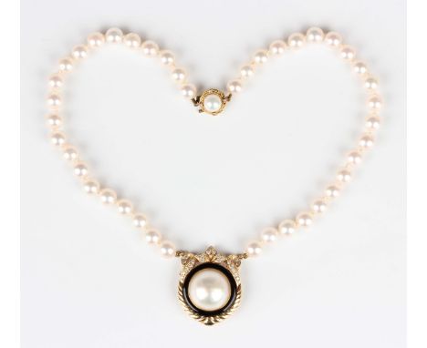 An 18ct gold, diamond and cultured and mabé pearl pendant collar necklace, the front mounted with a large mabé pearl within a
