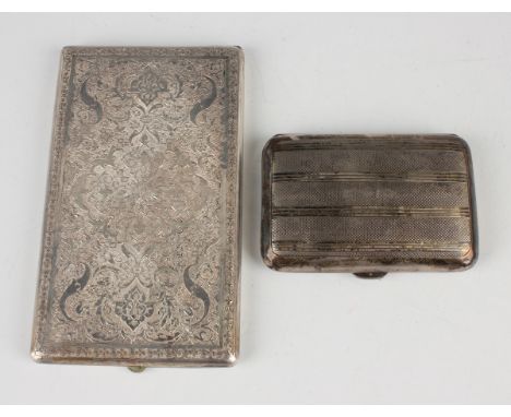 A Persian white metal rectangular cigarette case, probably Iranian, with engraved foliate decoration, length 14cm, together w