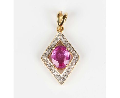 An 18ct gold, pink sapphire and diamond pendant, claw set with the oval cut pink sapphire within a lozenge shaped surround, s