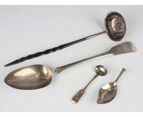 A George IV silver Fiddle pattern basting spoon, London 1823 by John Meek, length 30cm, a silver bright-cut engraved caddy sp