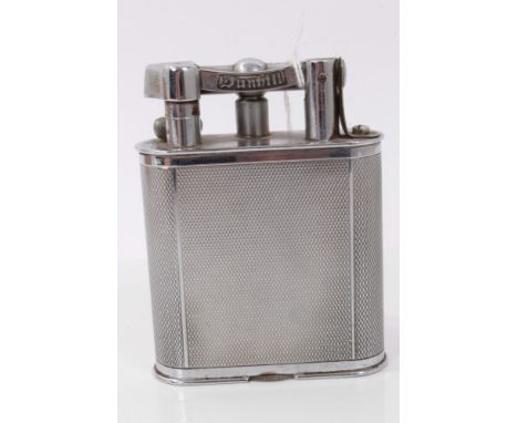 1930s Dunhill chromium plated table lighter with all-over engine turned decoration, Patent 143752, 11cm high